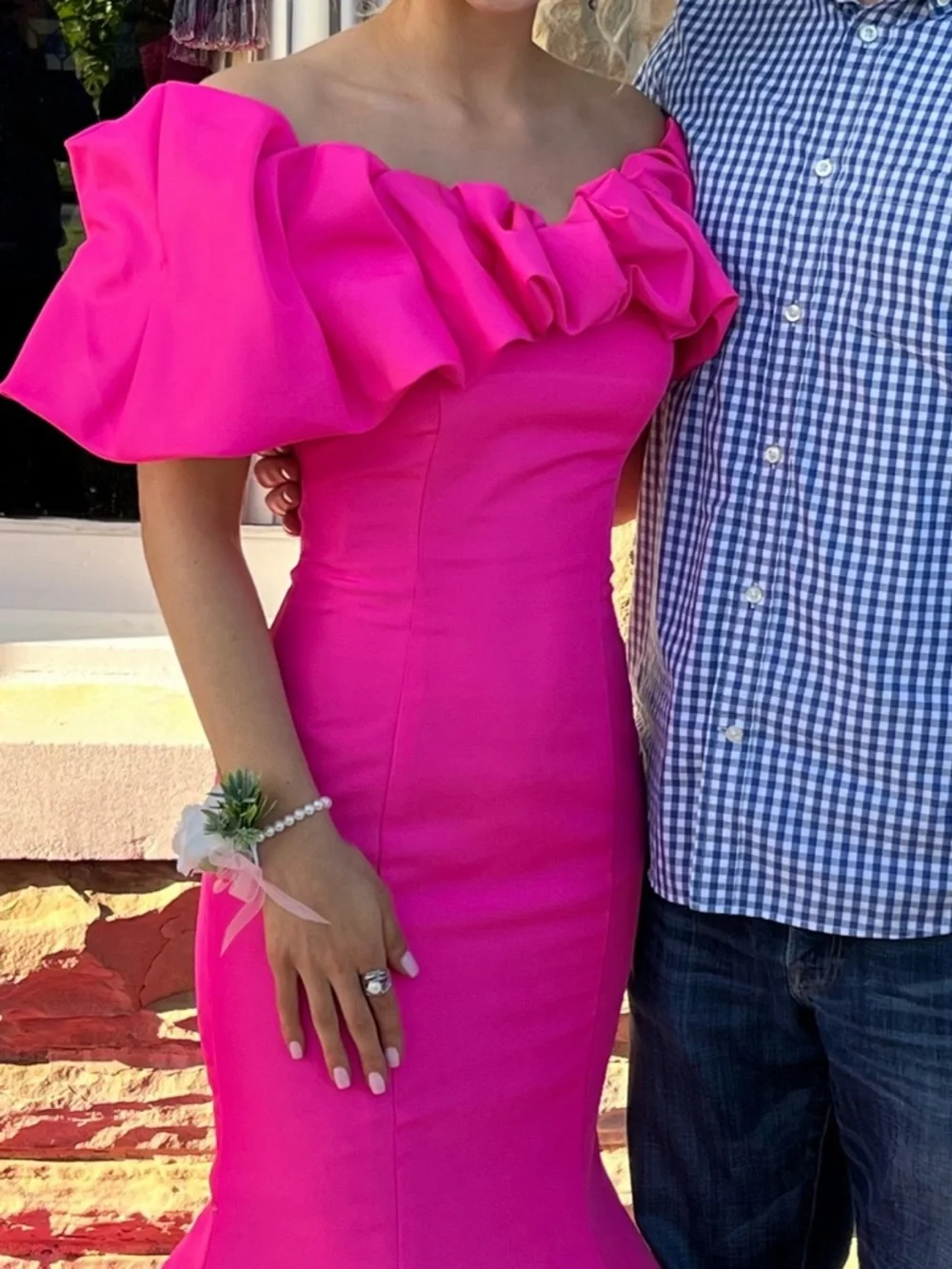 Sherri Hill Hot Pink Off-Shoulder Ruffle Mermaid Gown - Picture 4 of 5